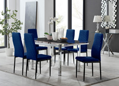 Furniturebox Uk Enna Black Glass Extending Dining Table And 6 Navy Velvet Milan Black Leg Chairs - image 1