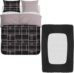 Pamposh 4 Pcs Double Duvet Set With Matching Black Double Fitted Sheet Breathable Premium Microfibre Reversible Quilt Cover