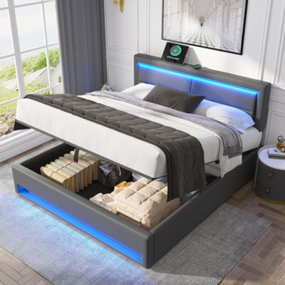 Abrihome Upholstered Bed,with Usb Port, With Led Lighting And Storage Space, Grey,135 X 190 Cm,double Bed - image 1