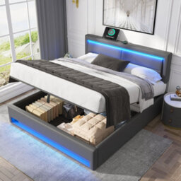 Abrihome Upholstered Bed,with Usb Port, With Led Lighting And Storage Space, Grey,135 X 190 Cm,double Bed - thumbnail 1