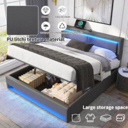 Abrihome Upholstered Bed,with Usb Port, With Led Lighting And Storage Space, Grey,135 X 190 Cm,double Bed - thumbnail 5