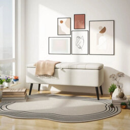 Storage Ottoman Bench, Linen Fabric Footstool With Steel Legs Cream White - thumbnail 4