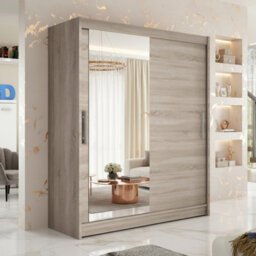 Westa Vi 150Cm Sliding Door Wardrobe With Mirror Modern Bedroom Storage With Hanging Rails And Shelves Truffle - thumbnail 1