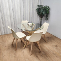 Kosy Koala Round Glass Dining Table Set With 4 Cream Plastic Chairs Dining Room Furniture