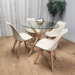 Kosy Koala Round Glass Dining Table Set With 4 Cream Plastic Chairs Dining Room Furniture - thumbnail 4