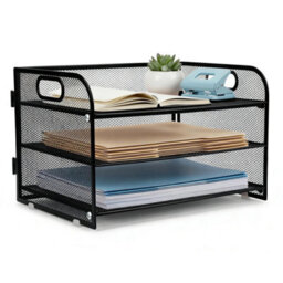 Black 3-Tier Metal Mesh A4 File Tray Stackable Organiser Handle - thumbnail 1