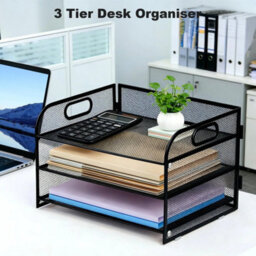 Black 3-Tier Metal Mesh A4 File Tray Stackable Organiser Handle - thumbnail 2