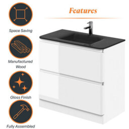 Plum&clay Marvel Gloss White Floor Standing Bathroom Vanity Unit With Grey Glass Basin (W)900mm - thumbnail 6
