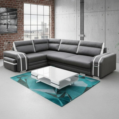 Avatar Corner Sofa Bed With Pouffe Cocktail Cabinet Foam Cushions Sinuous Springs Wood Frame 300X200Cm Grey And White Left - image 1