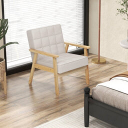 Gainoom Modern White Upholstered Accent Sofa Chair Wooden Armchair W/ Rubber Wood Armrests - thumbnail 7
