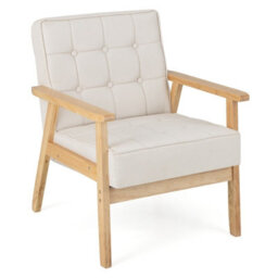 Gainoom Modern White Upholstered Accent Sofa Chair Wooden Armchair W/ Rubber Wood Armrests