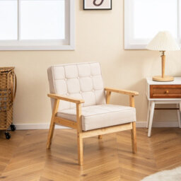 Gainoom Modern White Upholstered Accent Sofa Chair Wooden Armchair W/ Rubber Wood Armrests - thumbnail 8