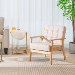 Gainoom Modern White Upholstered Accent Sofa Chair Wooden Armchair W/ Rubber Wood Armrests - thumbnail 9