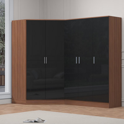 Reflect 2Pc Wardrobe Bundle - 2 Door Corner + 3 Door Plain - Black Gloss & Walnut - H: 180Cm X W: 179Cm X D: 103Cm - image 1