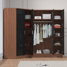 Reflect 2Pc Wardrobe Bundle - 2 Door Corner + 3 Door Plain - Black Gloss & Walnut - H: 180Cm X W: 179Cm X D: 103Cm - thumbnail 4