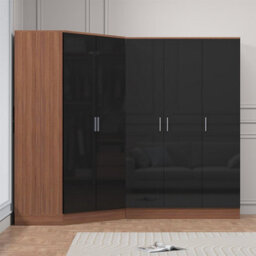 Reflect 2Pc Wardrobe Bundle - 2 Door Corner + 3 Door Plain - Black Gloss & Walnut - H: 180Cm X W: 179Cm X D: 103Cm - thumbnail 3