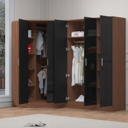 Reflect 2Pc Wardrobe Bundle - 2 Door Corner + 3 Door Plain - Black Gloss & Walnut - H: 180Cm X W: 179Cm X D: 103Cm - thumbnail 2