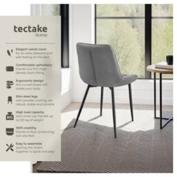 Tectake Set Of 8 Dining Chair Monroe - Padded, Velvet Look, Ergonomic Seat, Black Steel Legs  - Grey - thumbnail 2