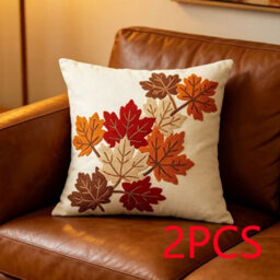 Amorly 1 Pack Fall Maple Leaf Throw Pillow Cover 45X45Cm, Embroidered Autumn Cushion Cover, Orange Cream Red Leaves, No Pillow Insert - thumbnail 1