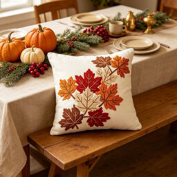Amorly 1 Pack Fall Maple Leaf Throw Pillow Cover 45X45Cm, Embroidered Autumn Cushion Cover, Orange Cream Red Leaves, No Pillow Insert - thumbnail 4