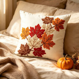 Amorly 1 Pack Fall Maple Leaf Throw Pillow Cover 45X45Cm, Embroidered Autumn Cushion Cover, Orange Cream Red Leaves, No Pillow Insert - thumbnail 3