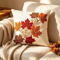 Amorly 1 Pack Fall Maple Leaf Throw Pillow Cover 45X45Cm, Embroidered Autumn Cushion Cover, Orange Cream Red Leaves, No Pillow Insert - thumbnail 2