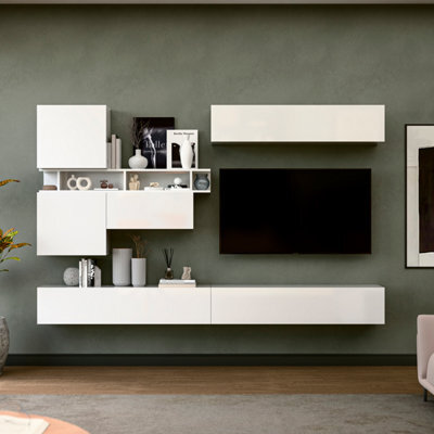 Decorotika Telby  Moduler Modern Tv Unit Wall Mount Customizable Layout High Gloss White - image 1