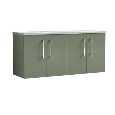 Nuie Arno Wall Hung 4-Door Vanity Unit With Laminate Worktop In Bellato Grey, Premium Counter Top Vanity Unit In Satin Green - image 1