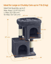 LEDREM Cat Tree Tower, 67 Cm, S, For Kittens Up To 3 Kg, Large Perch, 2 Caves, Scratching Post, Smoky Grey - thumbnail 7