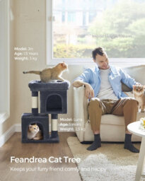 LEDREM Cat Tree Tower, 67 Cm, S, For Kittens Up To 3 Kg, Large Perch, 2 Caves, Scratching Post, Smoky Grey - thumbnail 1