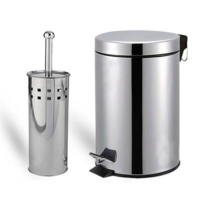 Silver 3 Litre Bathroom Pedal Rubbish Waste Bin And Toilet Brush Holder Set - image 1