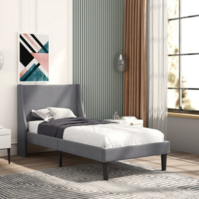 Matteo Single 3Ft Grey Linen Upholstered Bed Frame With Elegant Winged Headboard & Wood Slats - image 1