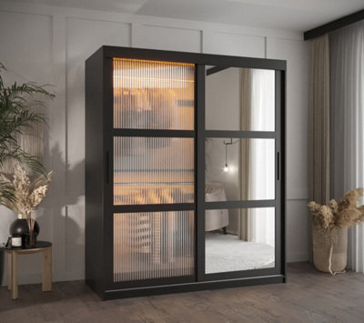 Arte Flutes Ii Glass And Mirrored Sliding Door Wardrobe With Led Lighting(H2000mm W1500mm D620mm) - Black Matt - image 1