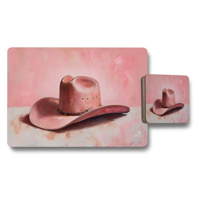 Benjamin Tate Design Set Of 12 Pink Cowboy Hat Art Placemat Coaster Set Wood Base Giclee Limited Edition - image 1