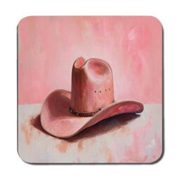 Benjamin Tate Design Set Of 12 Pink Cowboy Hat Art Placemat Coaster Set Wood Base Giclee Limited Edition - thumbnail 3