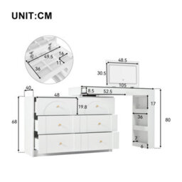 Merax L-Shaped Dressing Table, Vanity Desk With Led Flip Mirror, 7 Drawers, Adjustable Layout, Makeup & Study Table, White - thumbnail 3