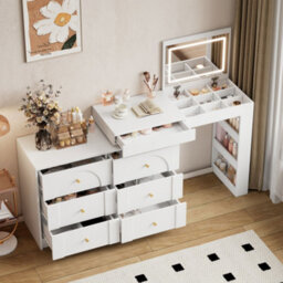 Merax L-Shaped Dressing Table, Vanity Desk With Led Flip Mirror, 7 Drawers, Adjustable Layout, Makeup & Study Table, White - thumbnail 2