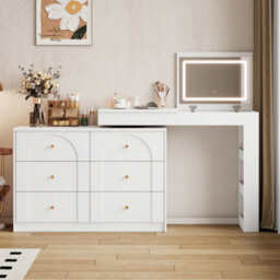 Merax L-Shaped Dressing Table, Vanity Desk With Led Flip Mirror, 7 Drawers, Adjustable Layout, Makeup & Study Table, White - thumbnail 1