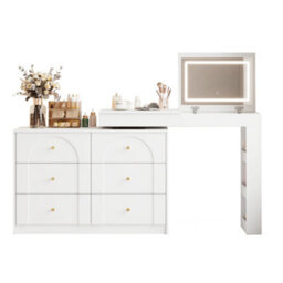 Merax L-Shaped Dressing Table, Vanity Desk With Led Flip Mirror, 7 Drawers, Adjustable Layout, Makeup & Study Table, White - thumbnail 4