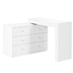 Merax L-Shaped Dressing Table, Vanity Desk With Led Flip Mirror, 7 Drawers, Adjustable Layout, Makeup & Study Table, White - thumbnail 5