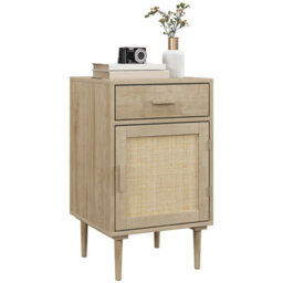Homcom Bedside Table With Rattan Drawer, Cabinet And Adjustable Shelf, Natural - thumbnail 2