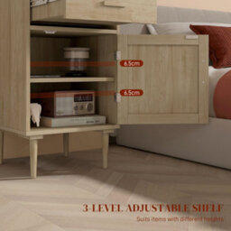 Homcom Bedside Table With Rattan Drawer, Cabinet And Adjustable Shelf, Natural - thumbnail 6