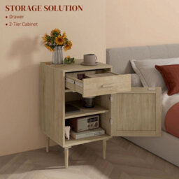 Homcom Bedside Table With Rattan Drawer, Cabinet And Adjustable Shelf, Natural - thumbnail 5