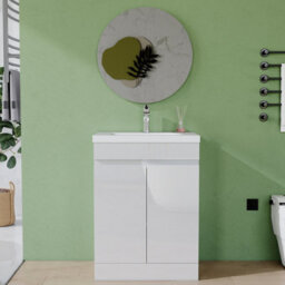 AVER-GROWTH 600mm Vanity Unit With Basin Gloss White Resin Sink Floor Standing Bathroom Storage Cabinet Soft Close Hinges 2 Doors - thumbnail 5