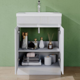 AVER-GROWTH 600mm Vanity Unit With Basin Gloss White Resin Sink Floor Standing Bathroom Storage Cabinet Soft Close Hinges 2 Doors - thumbnail 4