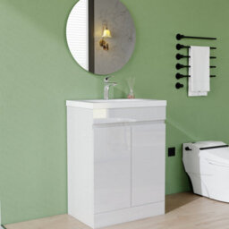 AVER-GROWTH 600mm Vanity Unit With Basin Gloss White Resin Sink Floor Standing Bathroom Storage Cabinet Soft Close Hinges 2 Doors - thumbnail 2