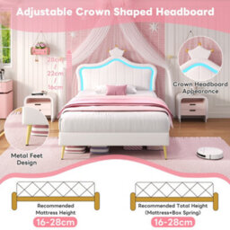 Btm 3Ft Single Pu Bed Cream White With Led Crown Headboard And Solid Slats Easy Assembly - thumbnail 5