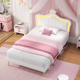 Btm 3Ft Single Pu Bed Cream White With Led Crown Headboard And Solid Slats Easy Assembly - thumbnail 3