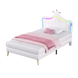 Btm 3Ft Single Pu Bed Cream White With Led Crown Headboard And Solid Slats Easy Assembly - thumbnail 9