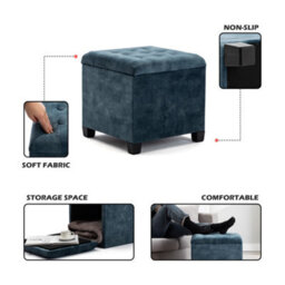Hnnhome 45Cm Cube Teal Cloud Velvet Padded Seat Ottoman Storage Stool Box, Footstool Pouffes Chair With Lids - thumbnail 2